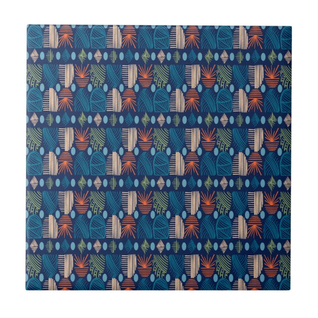 Caribbean Tribal Mudcloth: Festive Blue, Orange Tile (Front)