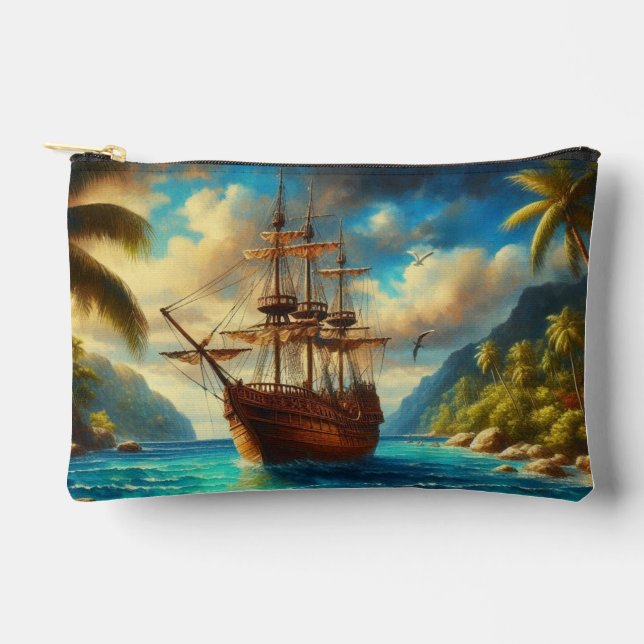 Caribbean/tropical beach ship art accessory pouch (Front)