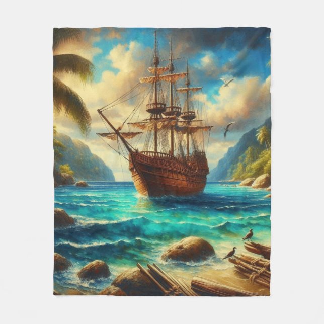 Caribbean/tropical beach ship art fleece blanket (Front)