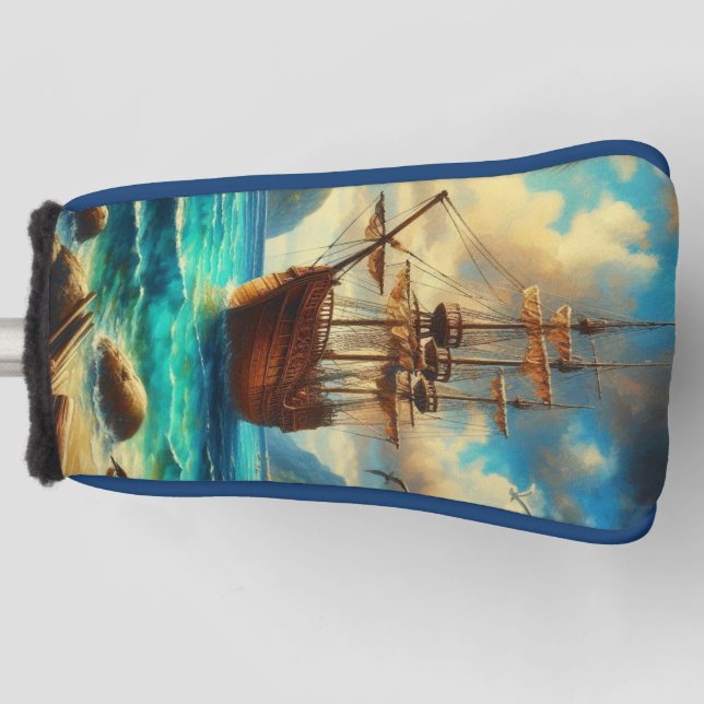 Caribbean/tropical beach ship art golf head cover (Front)