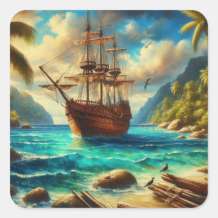 Caribbean/tropical beach ship art square sticker