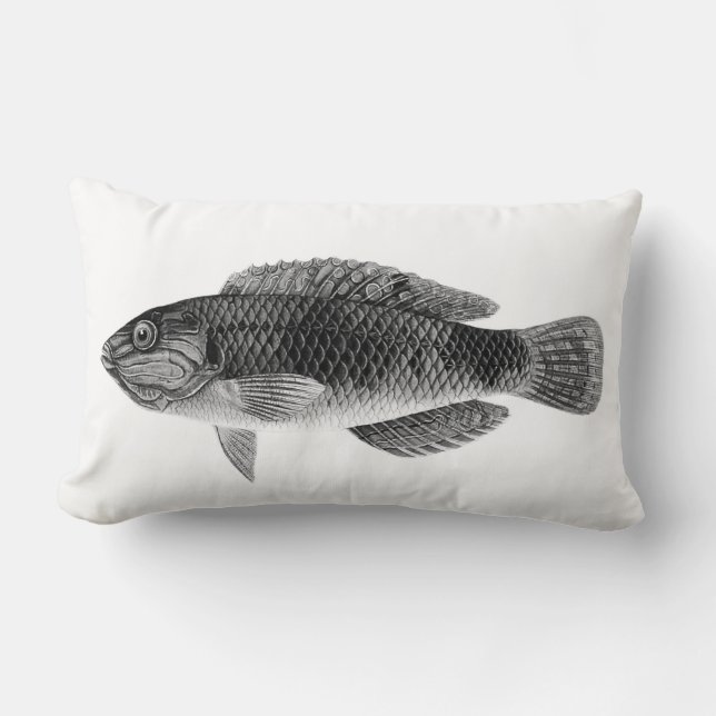 Caribbean Tropical Reef Fish, Black, White & Grey Lumbar Cushion (Front)
