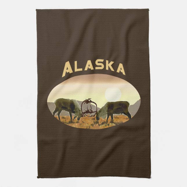 Caribou Duel - Alaska Tea Towel (Vertical)