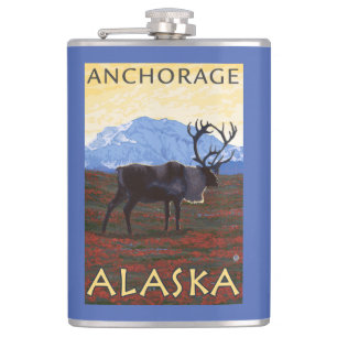 Caribou Scene - Anchorage, Alaska Hip Flask