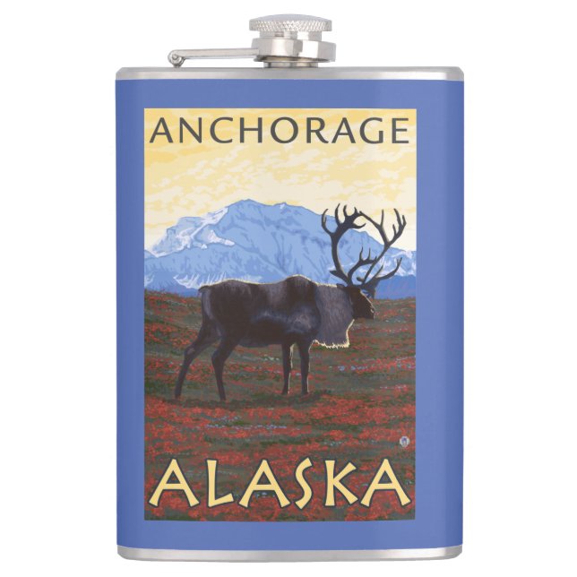 Caribou Scene - Anchorage, Alaska Hip Flask (Front)