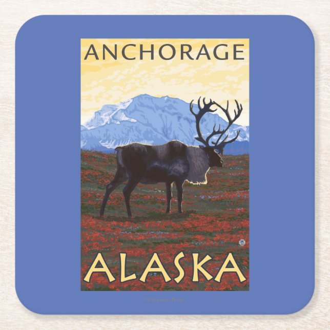 Caribou Scene - Anchorage, Alaska Square Paper Coaster (Front)