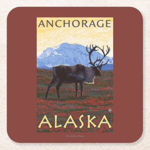 Caribou Scene - Anchorage, Alaska Square Paper Coaster