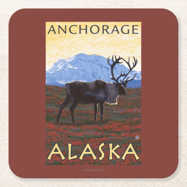 Caribou Scene - Anchorage, Alaska Square Paper Coaster (Front)
