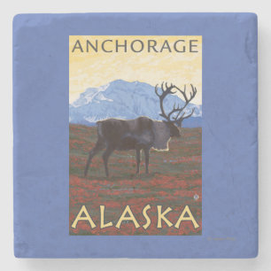 Caribou Scene - Anchorage, Alaska Stone Coaster