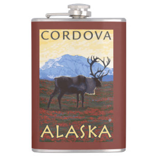 Caribou Scene - Cordova, Alaska Hip Flask