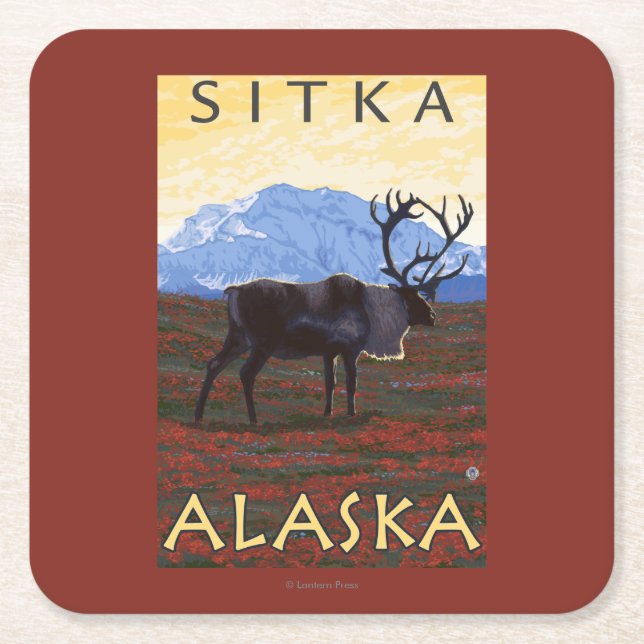 Caribou Scene - Sitka, Alaska Square Paper Coaster (Front)