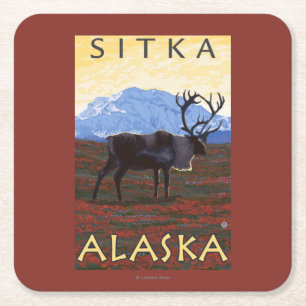 Caribou Scene - Sitka, Alaska Square Paper Coaster