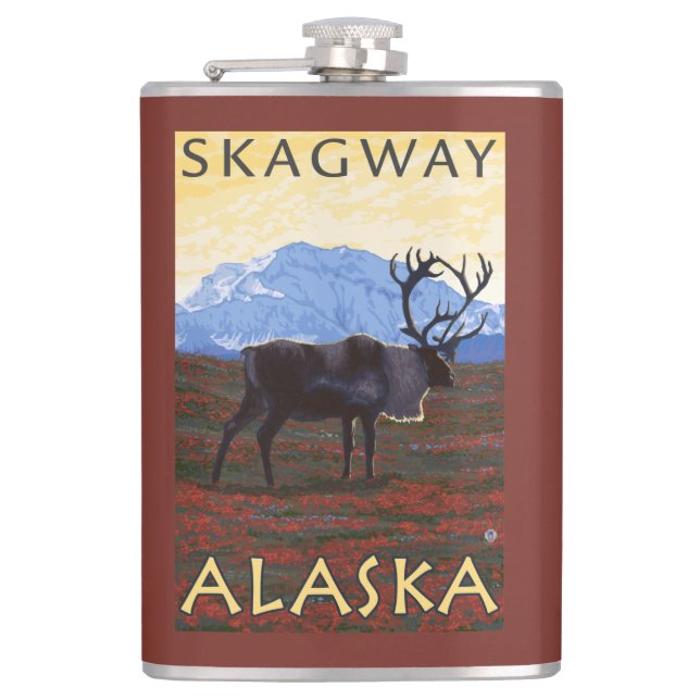 Caribou Scene - Skagway, Alaska Hip Flask (Front)