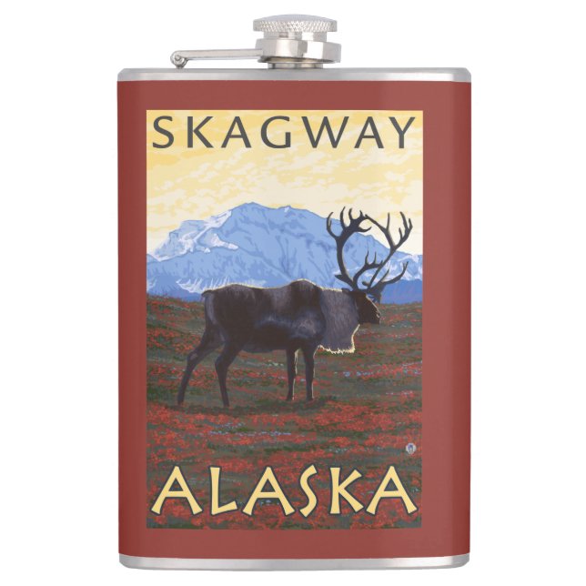 Caribou Scene - Skagway, Alaska Hip Flask (Front)