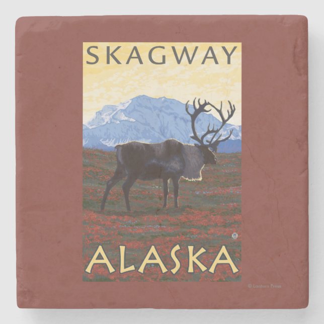 Caribou Scene - Skagway, Alaska Stone Coaster (Front)