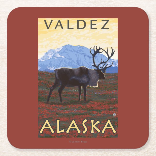 Caribou Scene - Valdez, Alaska Square Paper Coaster (Front)