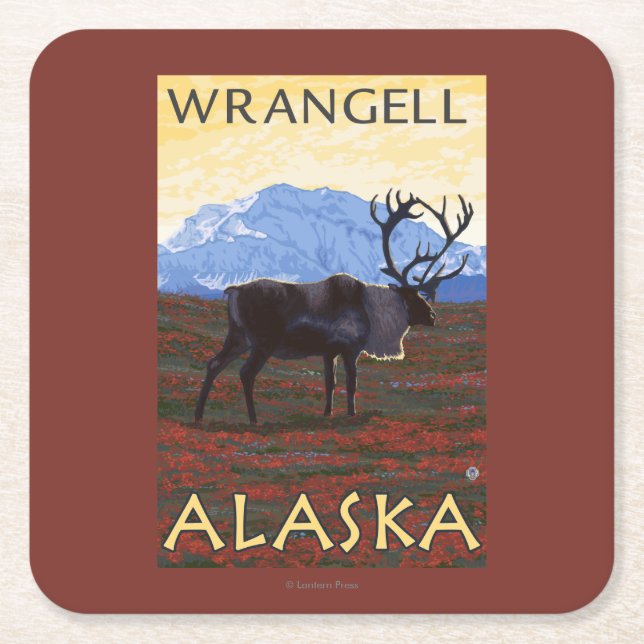Caribou Scene - Wrangell, Alaska Square Paper Coaster (Front)