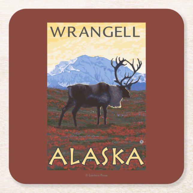 Caribou Scene - Wrangell, Alaska Square Paper Coaster (Front)
