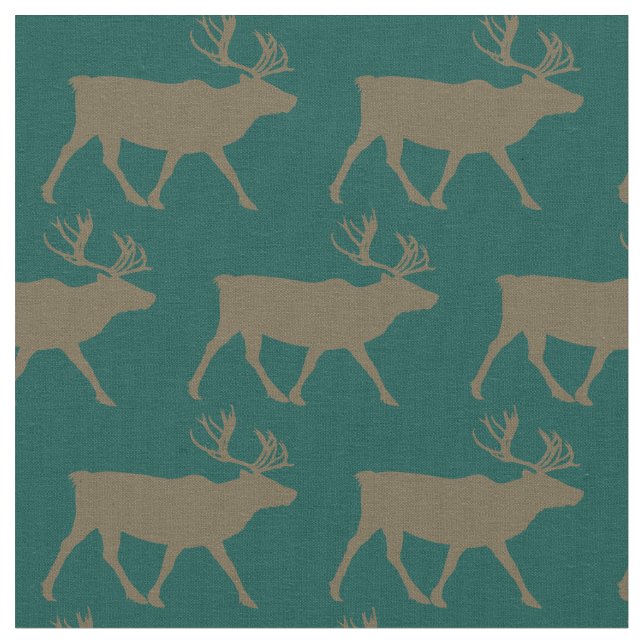 Caribou Silhouettes Teal Forest Fabric (Close Up)