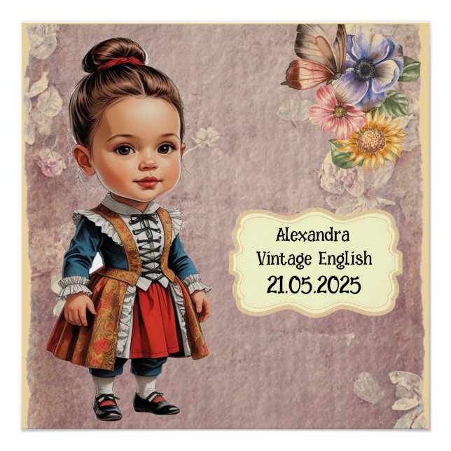 Caricature Girl dressed up  in Vintage English Poster (Front)