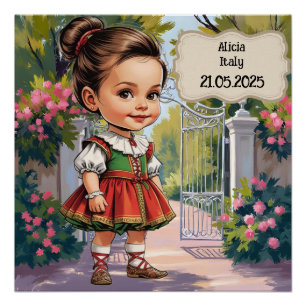 Caricature Girl dressed up in Vintage Italian Poster