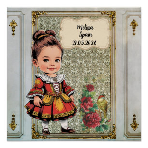 Caricature Girl dressed up in Vintage Spanish Poster