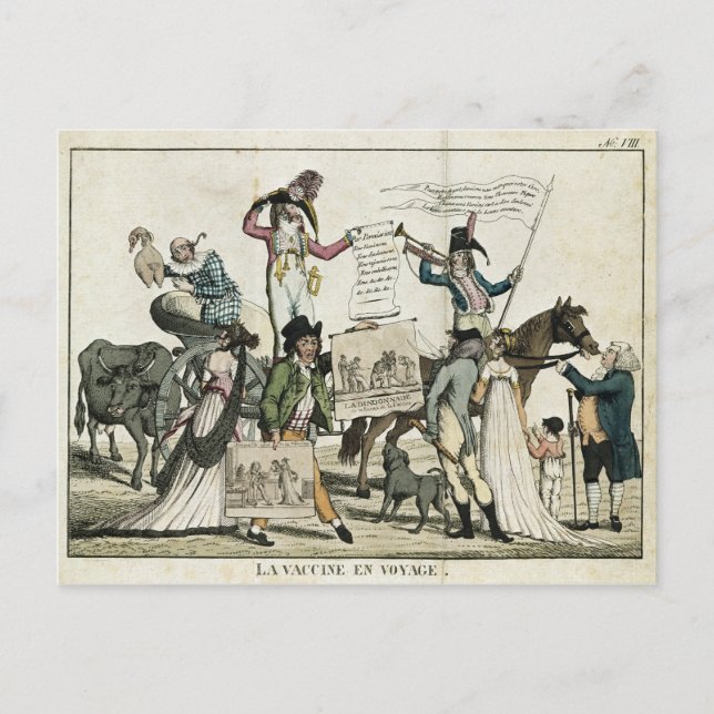 Caricature of quack doctors offering vaccines postcard (Front)