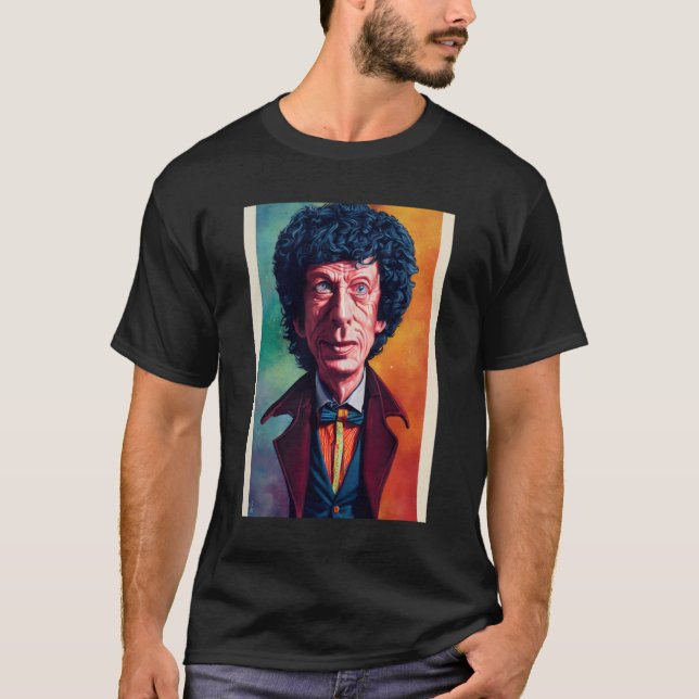 Caricature Of Tom Baker As Dr. Who By Jason Seil T-Shirt (Front)