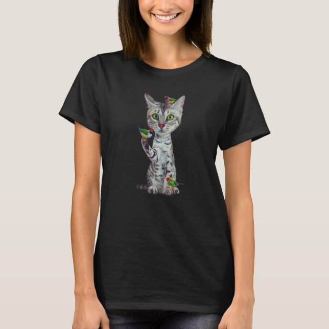 Caricature  Silver Bengal Cat with Birds  Cats     T-Shirt (Front)