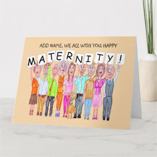 Caricatures of people wishing a happy maternity card