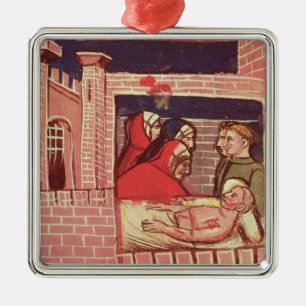 Caring for an injured man in a castle metal tree decoration