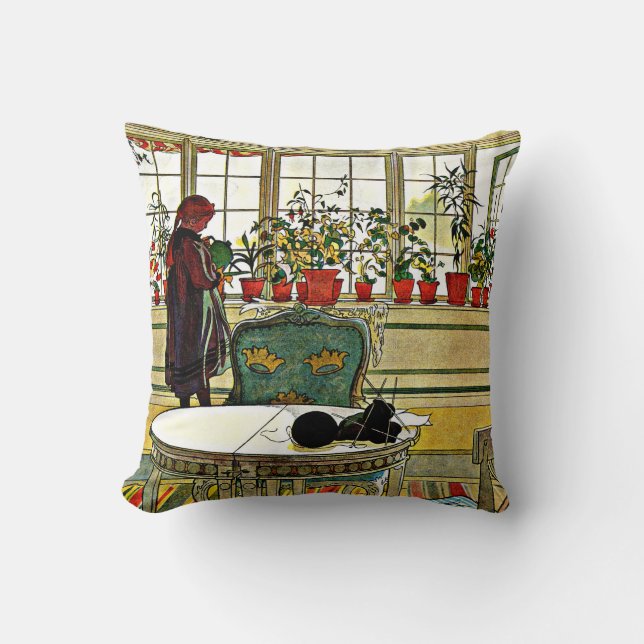 Carl Larsson - Flowers on a Windowsill, fine art Cushion (Front)