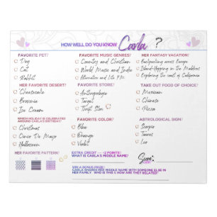 Carla's Bridal Shower Game "How Well Do You Know" Notepad