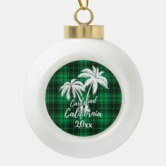 Carlsbad California Beach Palm Tree Green Plaid Ceramic Ball Christmas Ornament (Front)
