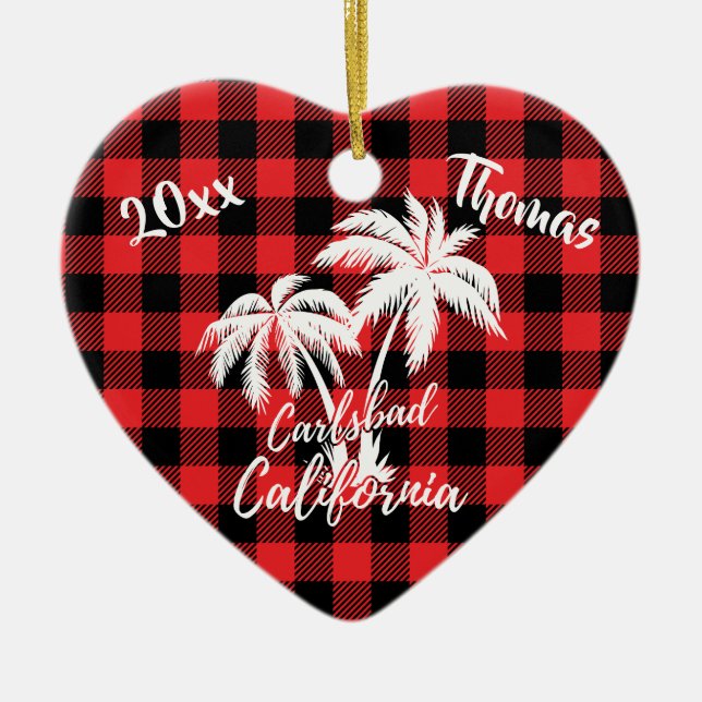 Carlsbad California Beach Palm Tree Red Plaid Ceramic Tree Decoration (Front)