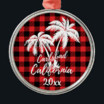Carlsbad California Beach Palm Tree Red Plaid Metal Tree Decoration<br><div class="desc">Carlsbad California Beach Palm Tree Red Plaid Ornament</div>