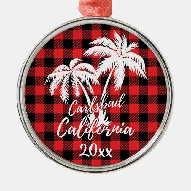 Carlsbad California Beach Palm Tree Red Plaid Metal Tree Decoration (Front)