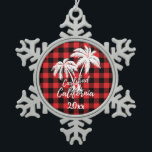 Carlsbad California Beach Palm Tree Red Plaid Snowflake Pewter Christmas Ornament<br><div class="desc">Carlsbad California Beach Palm Tree Red Plaid Ornament</div>