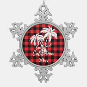 Carlsbad California Beach Palm Tree Red Plaid Snowflake Pewter Christmas Ornament