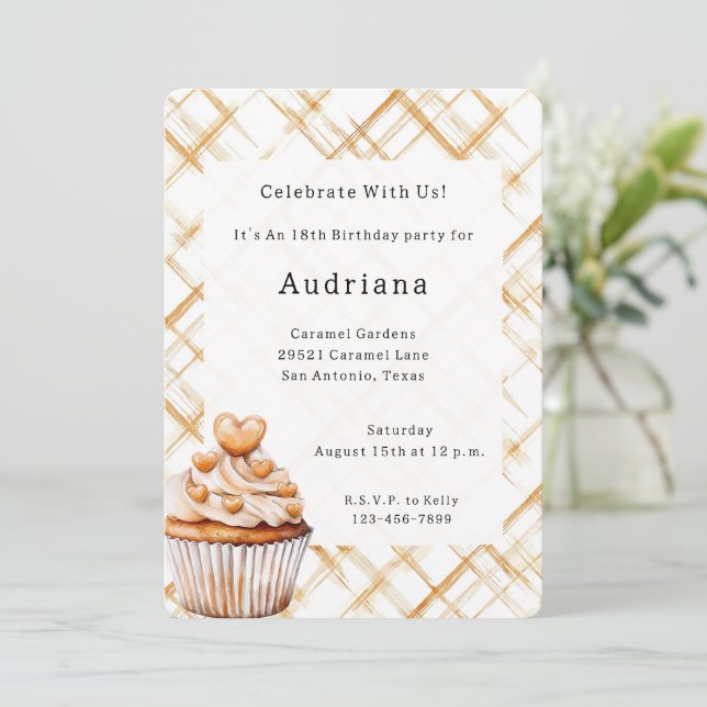 Carmel Cream Hearts Cupcake Birthday  Invitation (Standing Front)