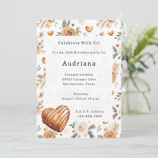 Carmel Cream Hearts Floral Caramel Birthday  Invitation (Standing Front)