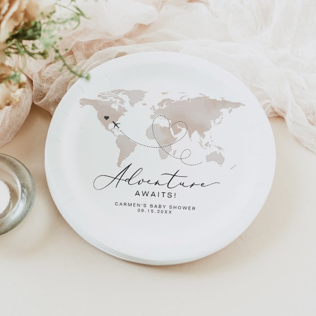CARMEN Beige Map Adventure Baby Shower Paper Plate (Beige watercolor world map "adventure awaits" baby shower paper plate)
