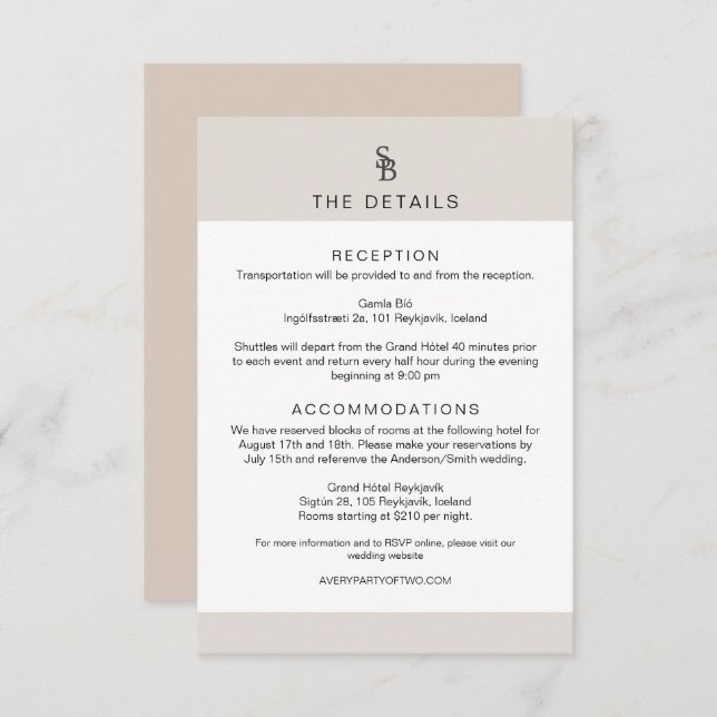 CARMEN Passport Style Monogram Wedding Details Invitation (Front/Back)