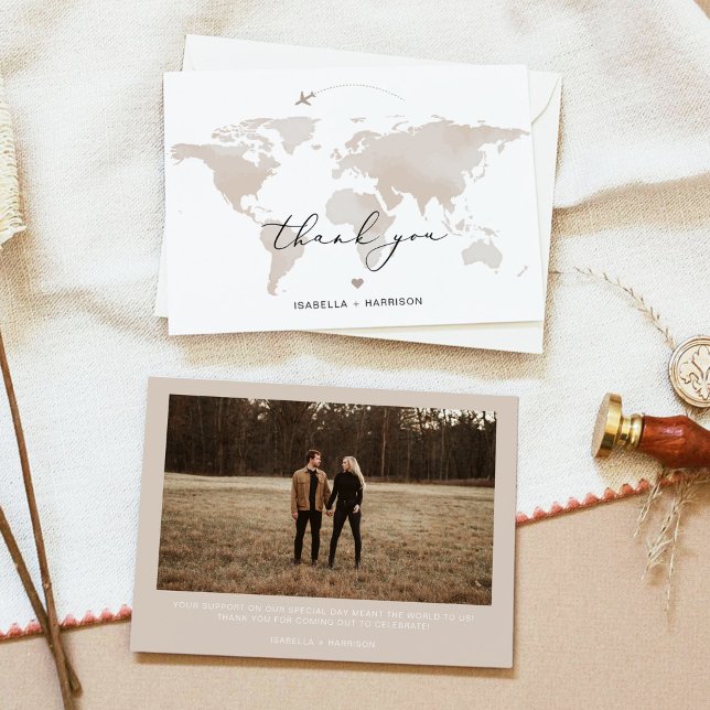 CARMEN Travel Adventure Beige Map Photo Thank You  Invitation (Creator Uploaded)