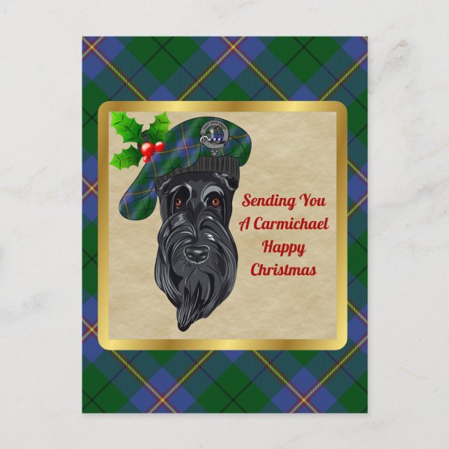 Carmichael Clan Badge & Tartan Christmas Postcard (Front)