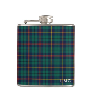 Carmichael Tartan Dark Green Plaid Monogram Hip Flask
