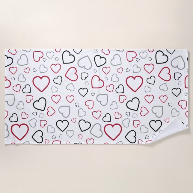 Carmin Red Grey Happy Hearts pattern Beach Towel (Front)