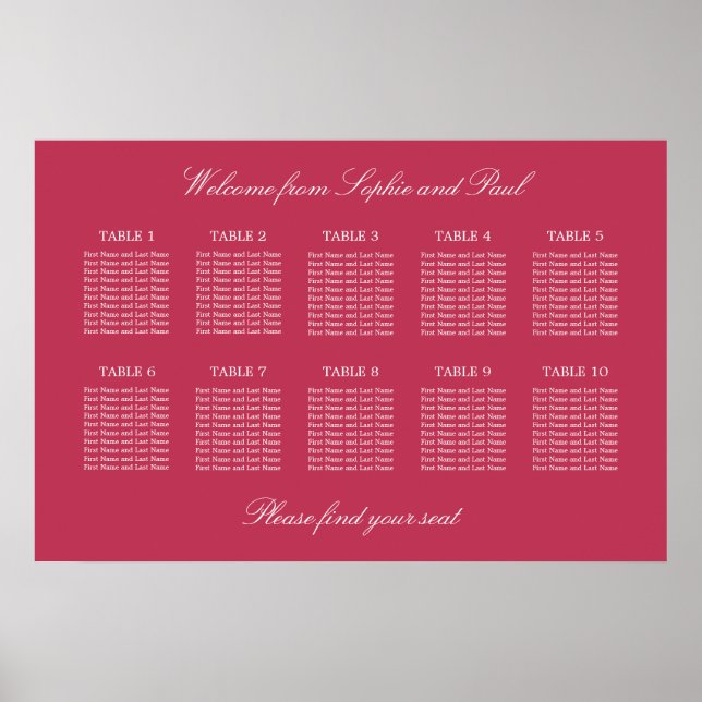 Carmine Magenta 10 Table Seating Chart Poster (Front)