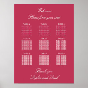 Carmine Magenta 9 Table Seating Chart Poster