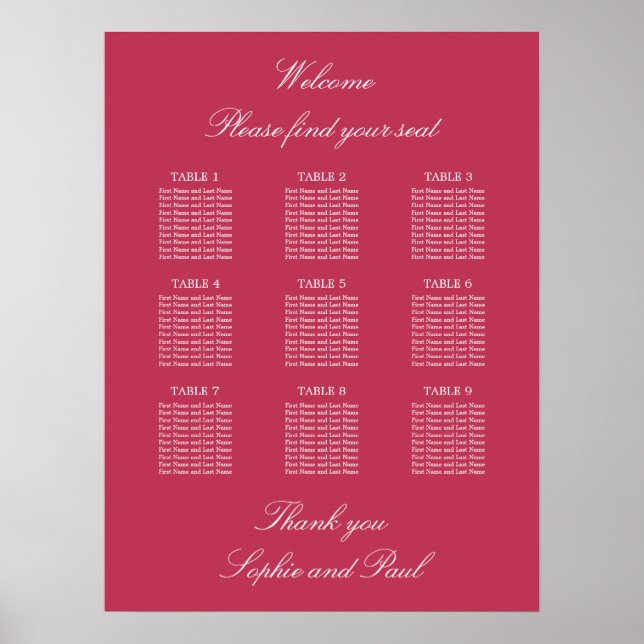 Carmine Magenta 9 Table Seating Chart Poster (Front)
